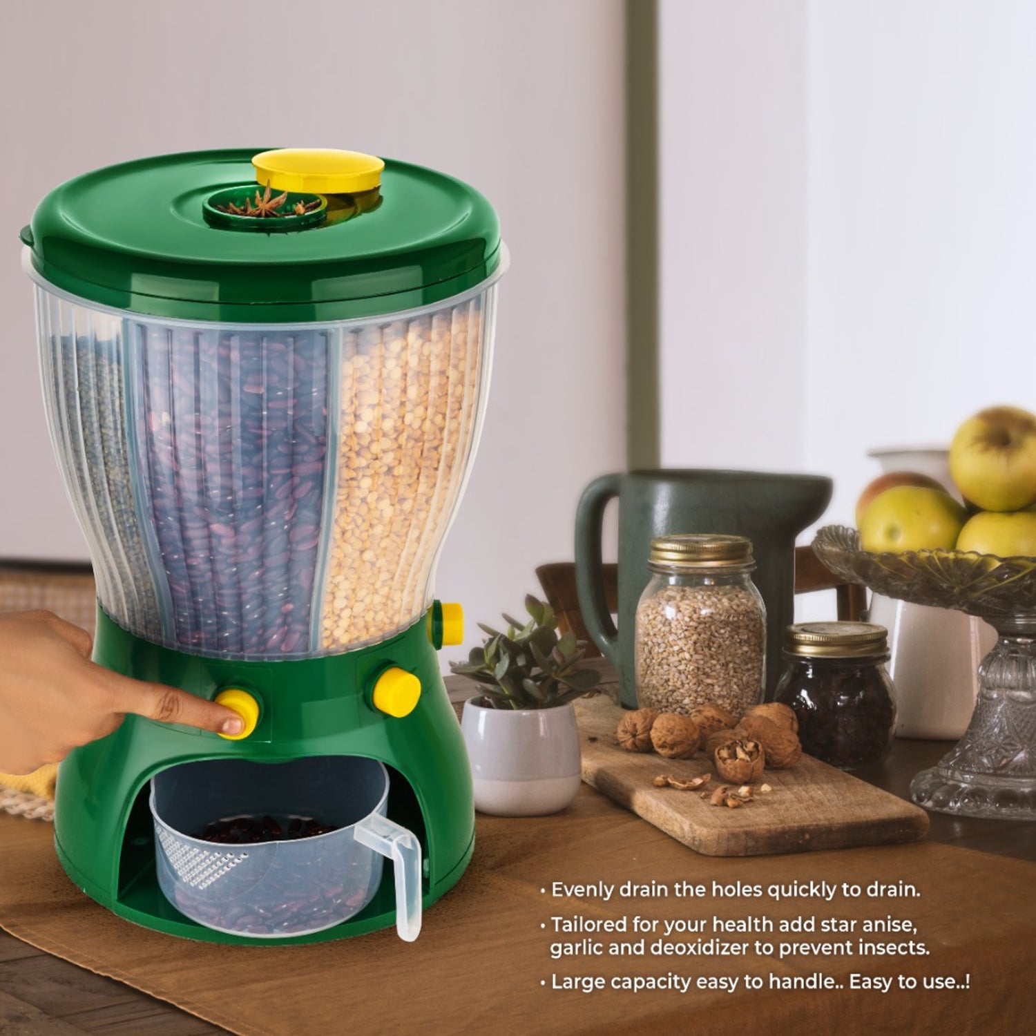 2895 Whole Grains Rice Bucket Rice Storage Tank, 360 Degree Rotary 4-Grid Rice Storage Dry Food Dispenser Food Storage Box, Green DeoDap 2895 Whole Grains Rice Bucket Rice Storage Tank, 360 Degree Rotary 4-Grid Rice Storage Dry Food Dispenser Food Storage Box, Green DeoDap